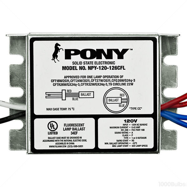 Fulham NPY-120-126-CFL 120 volt Rapid Start Ballast, operates (1) 18W or 24/27W 2G11 Twin, 26W Quad, 26W or 32W Triple, or 22W T9 Circline