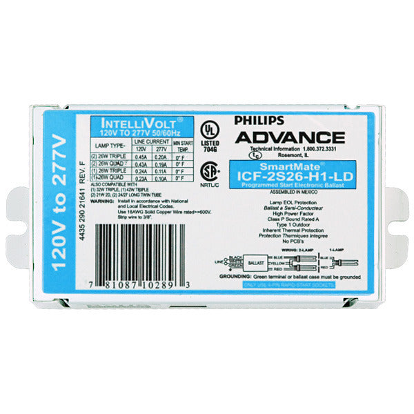 Advance ICF-2S13-H1-LDK 120-277 volt Programmed Start Ballast, operates (1 or 2) CFQ13W/G24Q, CFS10W/GR10Q, CFS16W/GR10Q, CFTR13W/GX24Q