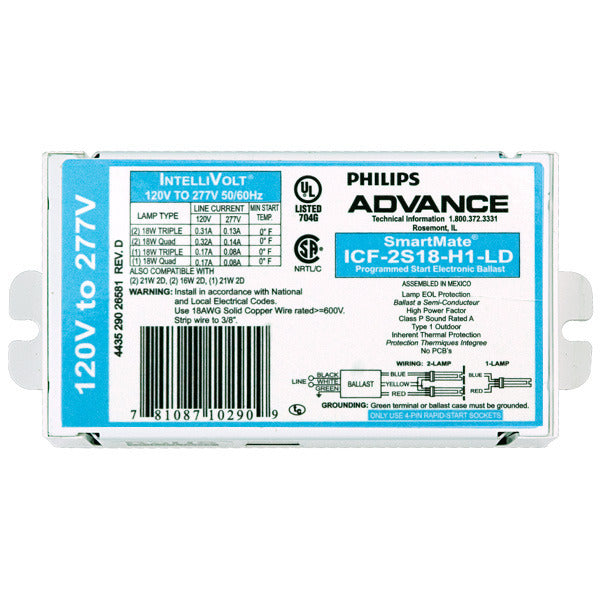 Advance ICF-2S18-H1-LDK 120-277 volt Programmed Start Ballast, operates (1 or 2) 18W 4-Pin CFL, CFQ18W/G24Q, CFS16W/GR10Q, CFS21W/GR10Q