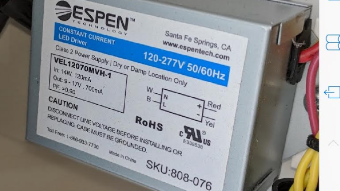 Espen VEL12070MVH-1 120-277 volt LED Driver, 12W Max., 28V Max. Output, 700mA Current, Non-dimmable