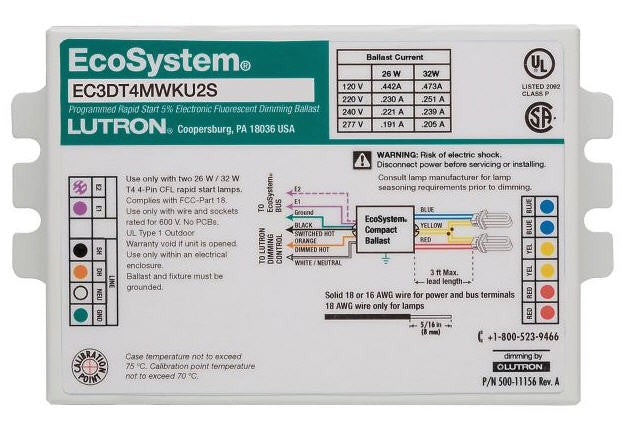 Lutron EC3DT418KU2S (2) Lamp, 18 Watt CFL, 120/277 Volt, Dimming, 0.95 Ballast Factor