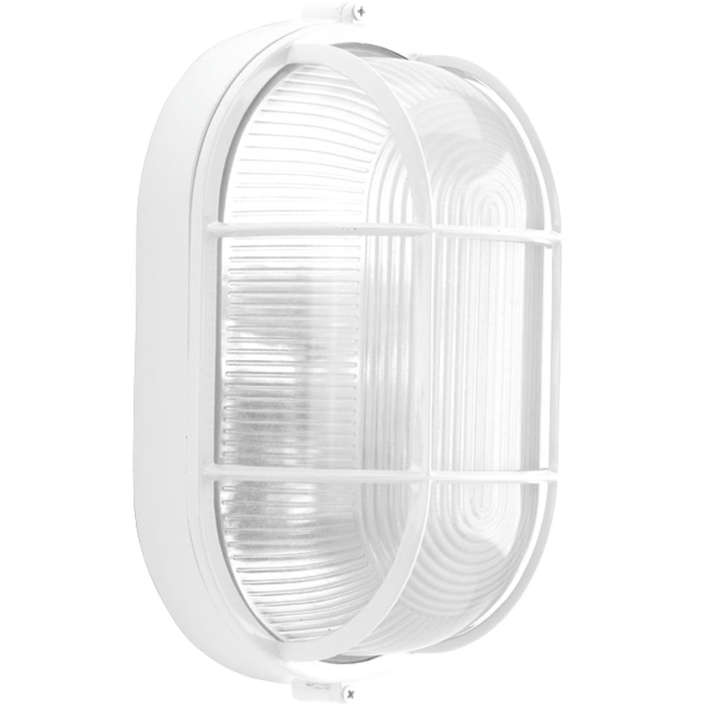 Progress P3706-30 1-Light Bulkhead Fixture, 6-3/8" x 11" tall, Etched Ribbed Glass lens, 100W Medium (E26) base lamp, 120 volt, White Finish