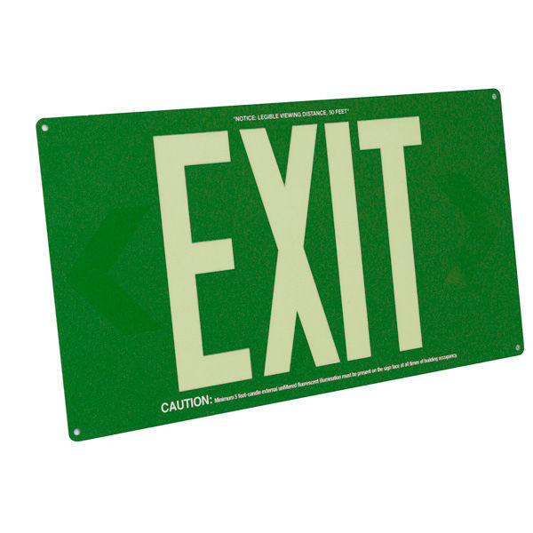 Fulham FLPL50-S-G 50' Single Face, Green Background, No Frame Photoluminescent Exit Sign. *Discontinued*