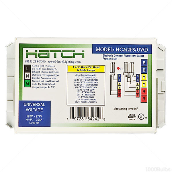 Hatch HC242PS/UV/K 120-277 volt Programmed Start Ballast w/ Mounting plate & Studs, operates (1-2) 42W 4-Pin CFL