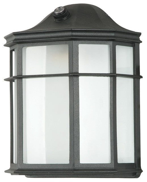 Sunset F7973-31-BK 1-Lamp Lantern Wall Fixture, 7-7/8" x 4-3/8" x 9-11/16" tall, White Acrylic Lens, w/ 13W Bi-Pin (GU24) bulb, Photocell, 120-277 volt, Black Finish