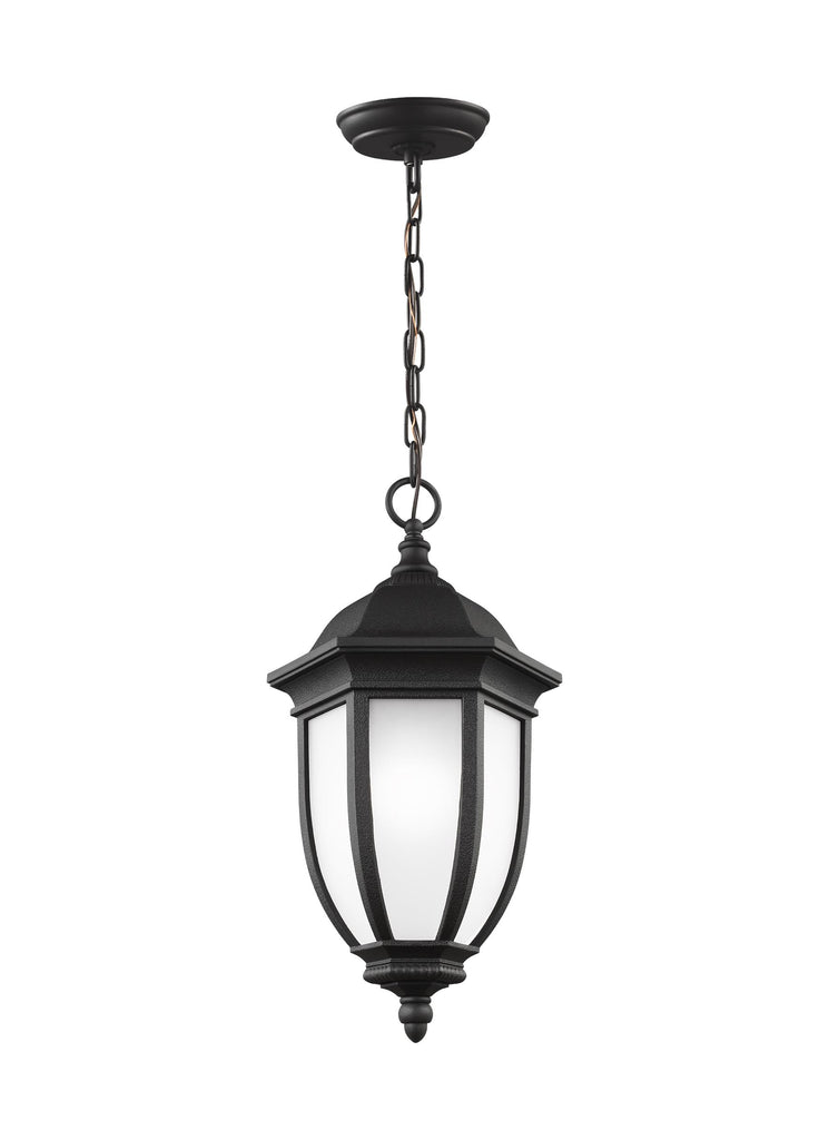 Seagull 6229301EN3-12 1-Light Outdoor Pendant Fixture, 9-7/8" x 19-5/8" tall, Satin Etched Glass Lens, w/ 9.5W A19 LED Medium (E26) 3000K lamp, 800 lumens, 15,000hr life, 120 volt, Black Finish, Title 24, JA8