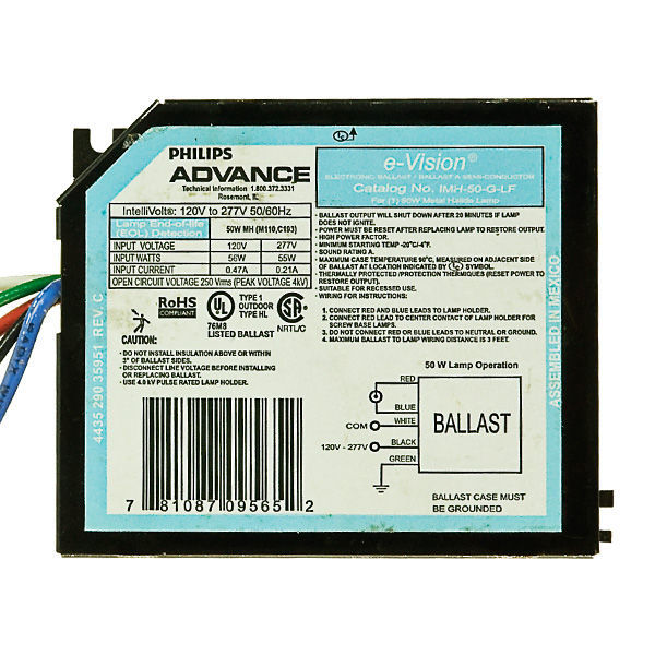 Advance IMH-50-G-LF 120-277 volt Ballast, side lead exit feet, operates 50W MH ANSI: M130 50W MH ANSI: M110