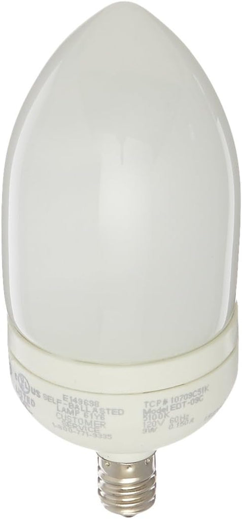 TCP 10709C51K 9 watt Self-Ballasted Bunt Tip Compact Fluorescent Lamp, Candelabra (E12) base, 5100K, 425 lumens, 8,000hr life, 120 volt, Non-dimmable