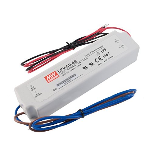 Mean Well LPV-60-48 LED Power Supply, 60W 1.25A 90-264VAC-In and 127-370VDC-In, 48VDC-Out CV LED Driver, IP67