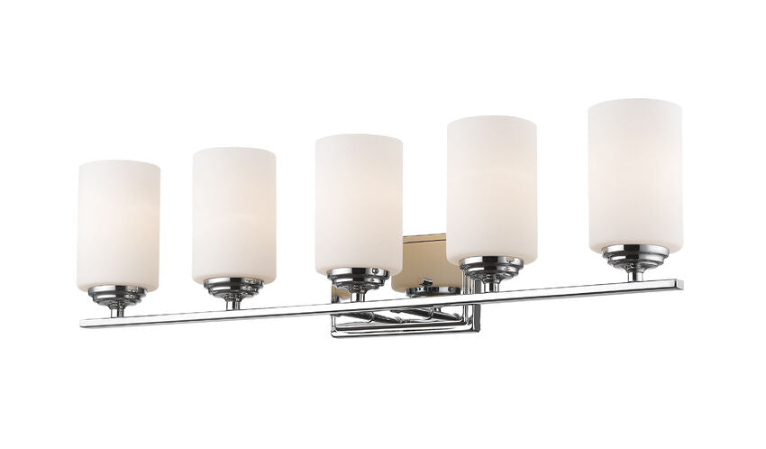 Z-Lite 435-5V-CH 30.75" 5-Light Bordeaux Vanity Wall Light Fixture, 30.75"w x 8.5"h x 6" ext, (5) 100w Medium Base (E26) Sockets, Bulbs Excluded, Chrome Finish, Matte Opal Glass