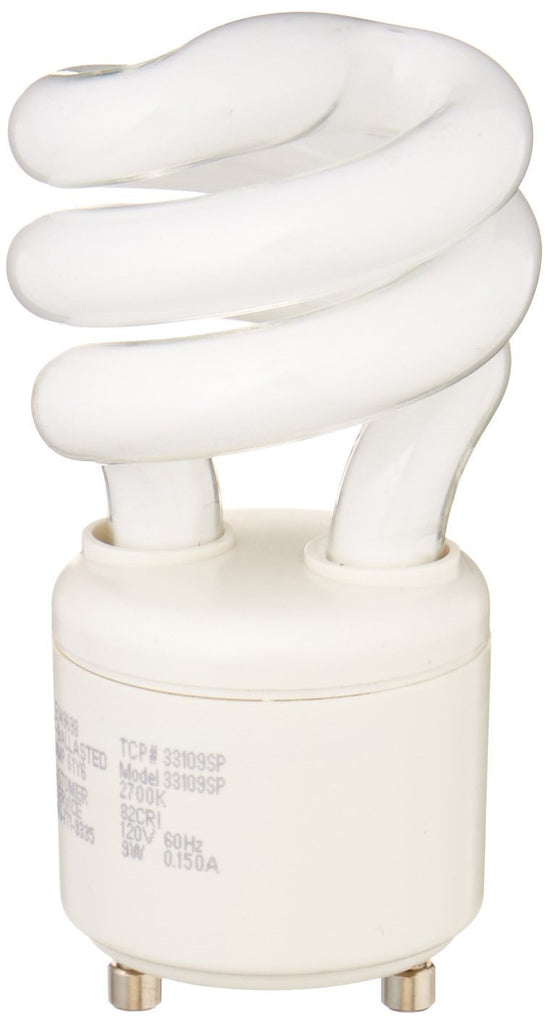 TCP 33109SP27K 9 watt Self-Ballasted Spiral Compact Fluorescent Lamp, Bi-Pin (GU24) base, 2700K, 550 lumens, 10,000hr life, 120 volt, Non-dimmable. *Discontinued*