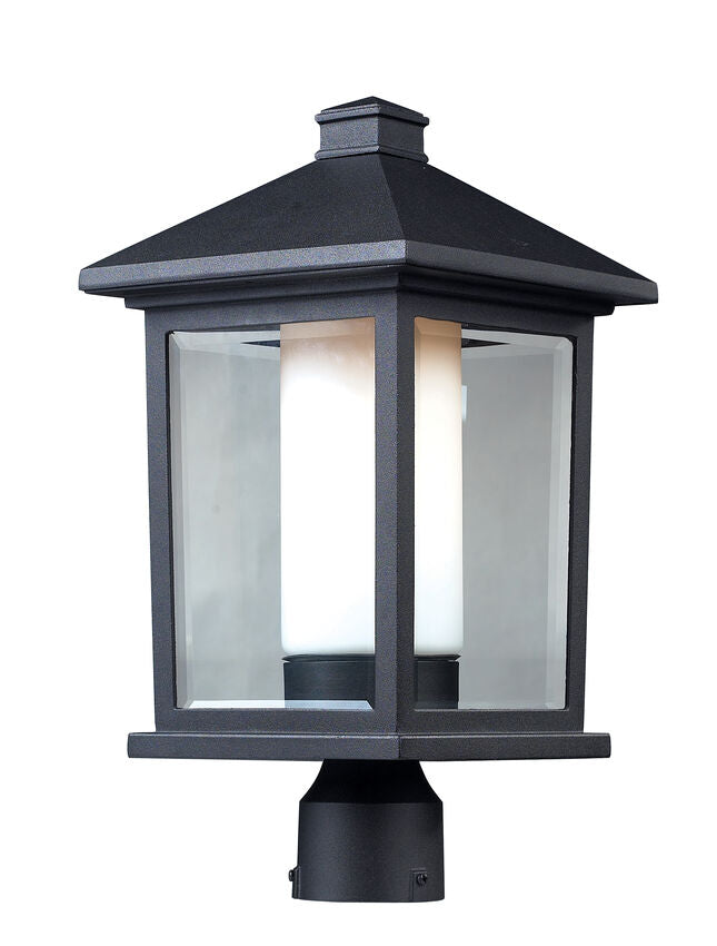 Z-lite 523PHB Mesa Collection Outdoor Post Light Fixture, 9.5"w x 18.5"h, Standard 3" Fitter, (1) 100w A19 Medium (E26) Socket, Bulb Excluded, Black Finish, Clear Beveled Glass with Matte Opal Inside Glass, Dimmable