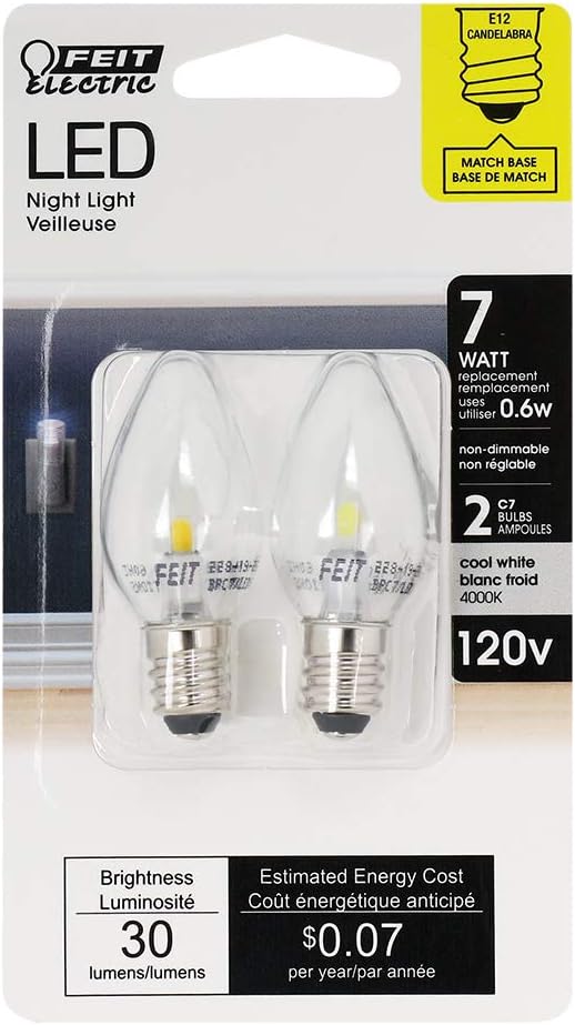 Feit BPC7/LED 0.6 watt C7 Filament BPC7/LED 2-Pack C7 LED Night Light Bulb, Candelabra (E12) Base, 4000K, 30 lumens, 50,000hr life, 120 Volt, Non-Dimmable, priced and sold as one 2-Pack