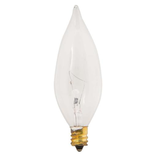 Import 25CFC/130V Clear 25 watt CA10 Flame Tip Lamp, Candelabra (E12) base, 180 lumens, 3,000hr life, 130 volt