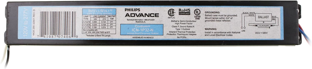 Advance ICN-1P32-N35I  IS 120-277 volt Instant Start Ballast, operates (1) F17T8, F25T8, F32T8, F32T8/ES