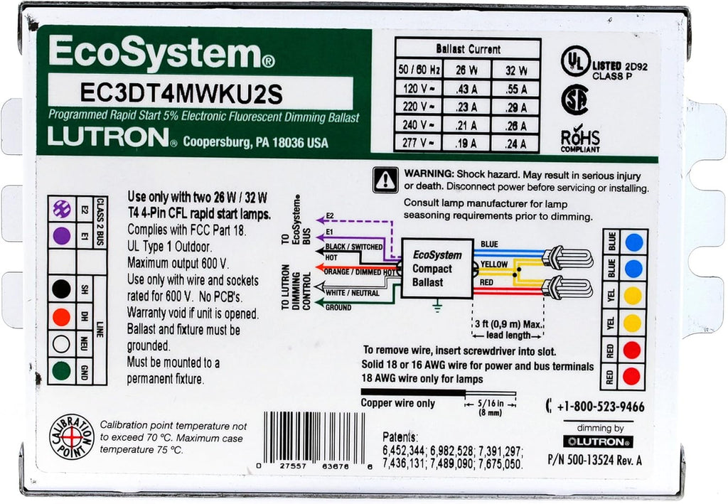 Lutron EC3DT4MWKU2S 120 volt Programmed Start Dimming Ballast, operates (2) 26W CFL