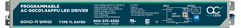 AC Electronics AC-60CD1.4APPU 60 Watt Wond-R Wand Constant Current Programmable LED Driver, 120-277V, 700mA- 1400mA, Dimmable *Discontinued*