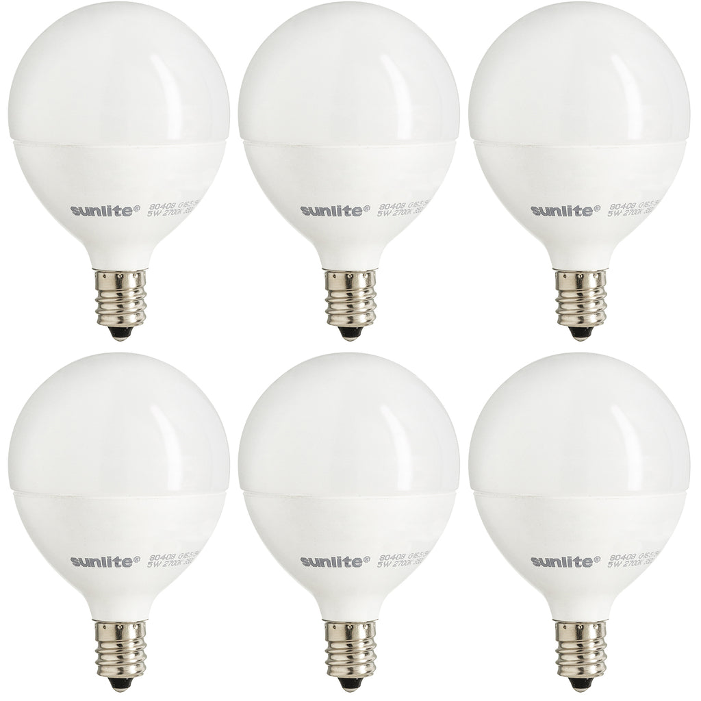 Sunlite  40296-SU G16.5/LED/5W/D/E12/FR/ES/27K/6PK 5 watt G16.5 LED Globe Lamp, Candelabra (E12) Base, 2700K, 300 lumens, 25,000hr life, 120 Volt, Dimming, 6-Pack