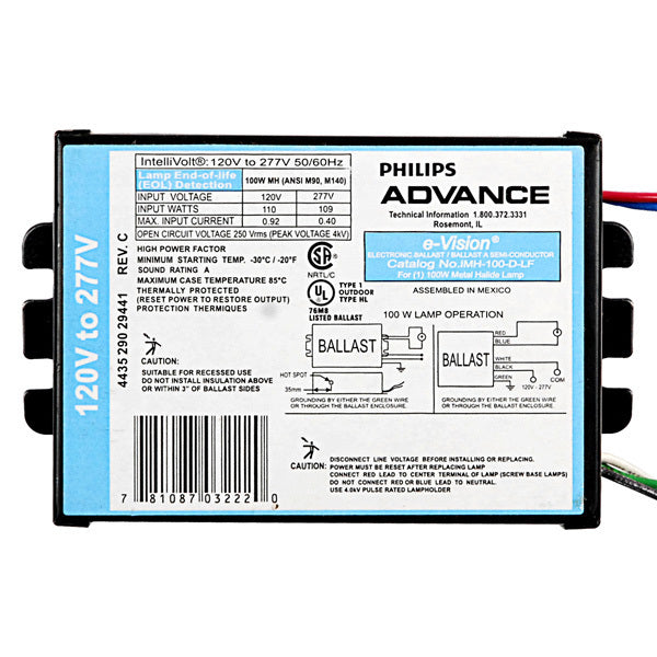 Advance IMH-100-D-LF 120-277 volt Pulse Start Ballast w/ side lead exit feet, operates 100W CMH ANSI: M90/M140