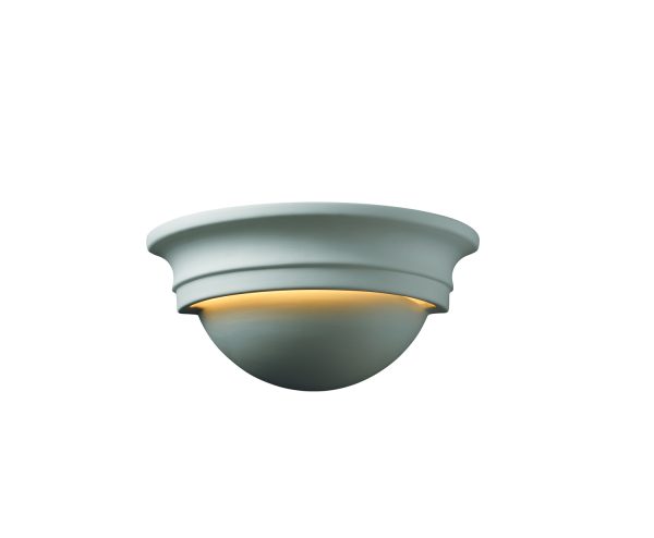 Justice Design CER-1015-BIS Ceramic Small Cyma Half Wall Sconce in Round, 5"h x 10.75"w x 5.25" ext, 1x A19 bulb Excluded, Medium (E26) Socket 100w maximum, Bisque (Paintable) Finish, Damp Location Rated, Made in USA, Dimmable