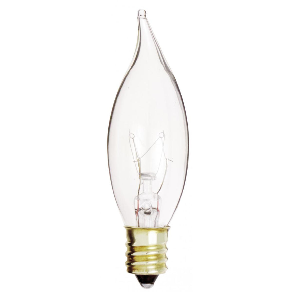 Satco S3272 10CA7 Clear 10 watt CA7 Flame Tip Lamp, Candelabra (E12) base, 80 lumens, 1,500hr life, 120 volt, Dimming