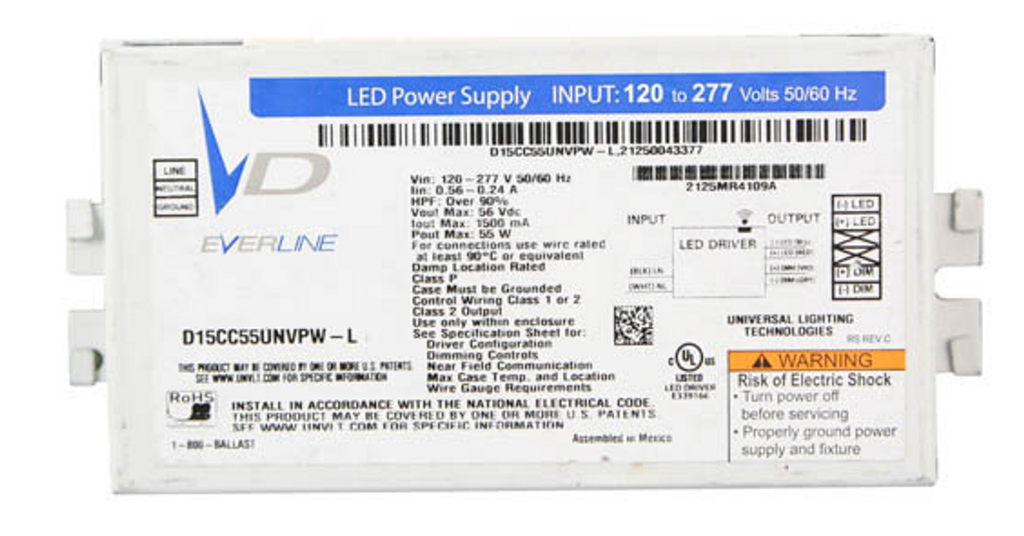 Universal D15CC55UNVPW-L010C 120-277V Constant Current Driver, 65W Max Output, 1500mA, 16 to 57V Output, 0-10V Dimming to 1%. *Discontinued*