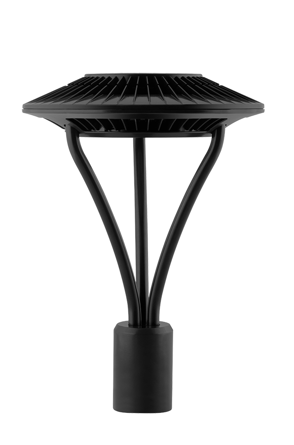 Rab ALED5T26YBK  26 watt LED Post Top Area Light Fixture, 16" x 22-1/2" tall, Fits 2-3/8" and 3" Tenons, Type V Distribution, Clear Tempered Glass lens, 3000K, 2877 lumens, 100,000hr life, 120-277 volt, Black Finish