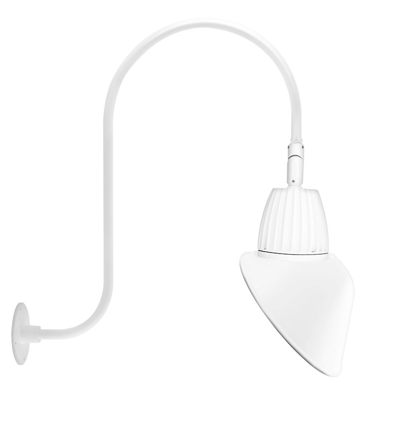 Rab GN3LED13YAC11W  13 watt LED Gooseneck Style Wall Fixture, Adjustable 45° Swivel Joint, 11" Angled Cone Shade, 3000K, 544 lumens, 100,000hr life, 120-277 volt, White Finish