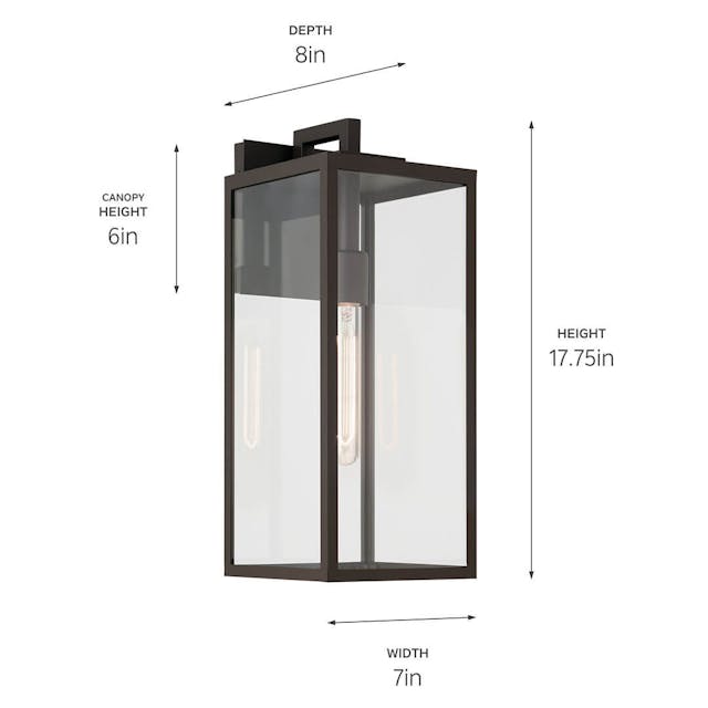 Kichler 59112OZ Branner Collection Exterior Wall Lantern, 17.75"h x 8" ext, x 7"w, 1x Medium (E26) Base Socket, Light Bulb Not Included but Vintage Bulb Recommended, Clear Glass, Old Bronze Finish, Dimmable