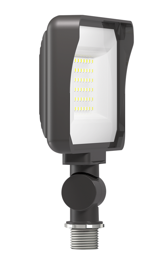 Rab X34-35L/120 35 watt LED Floodlight Fixture to replace 150W MH, 6-1/8" x 1-5/8" x 5-3/4" tall, Knuckle Mount, Tempered Glass lens, 7H x 7V NEMA Distribution, 5000K, 3501 lumens, 50,000hr life, 120 volt, Dark Bronze Finish, IP65 Rated